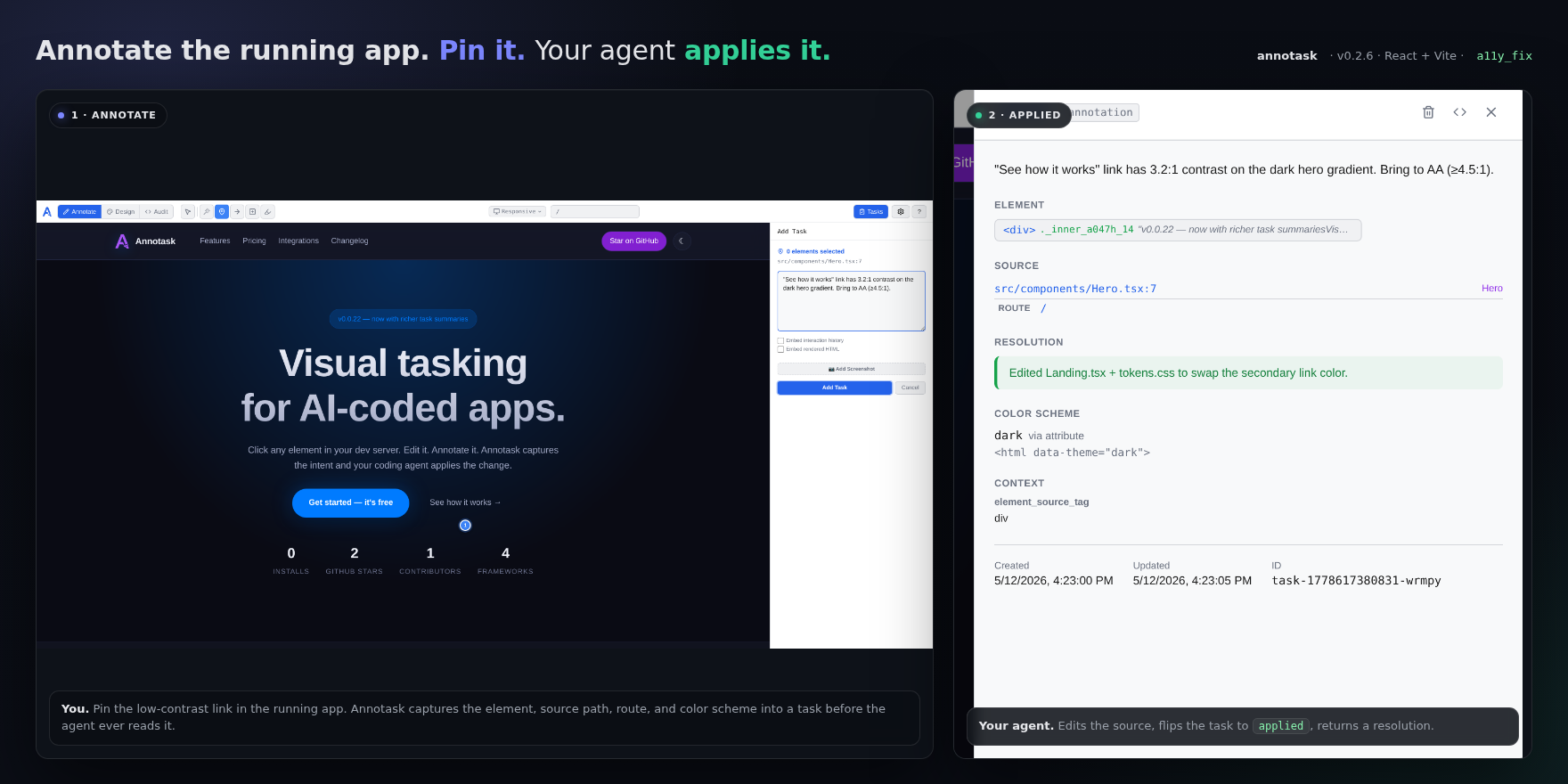 Annotate a low-contrast button. Agent applies the a11y fix. Re-render passes.